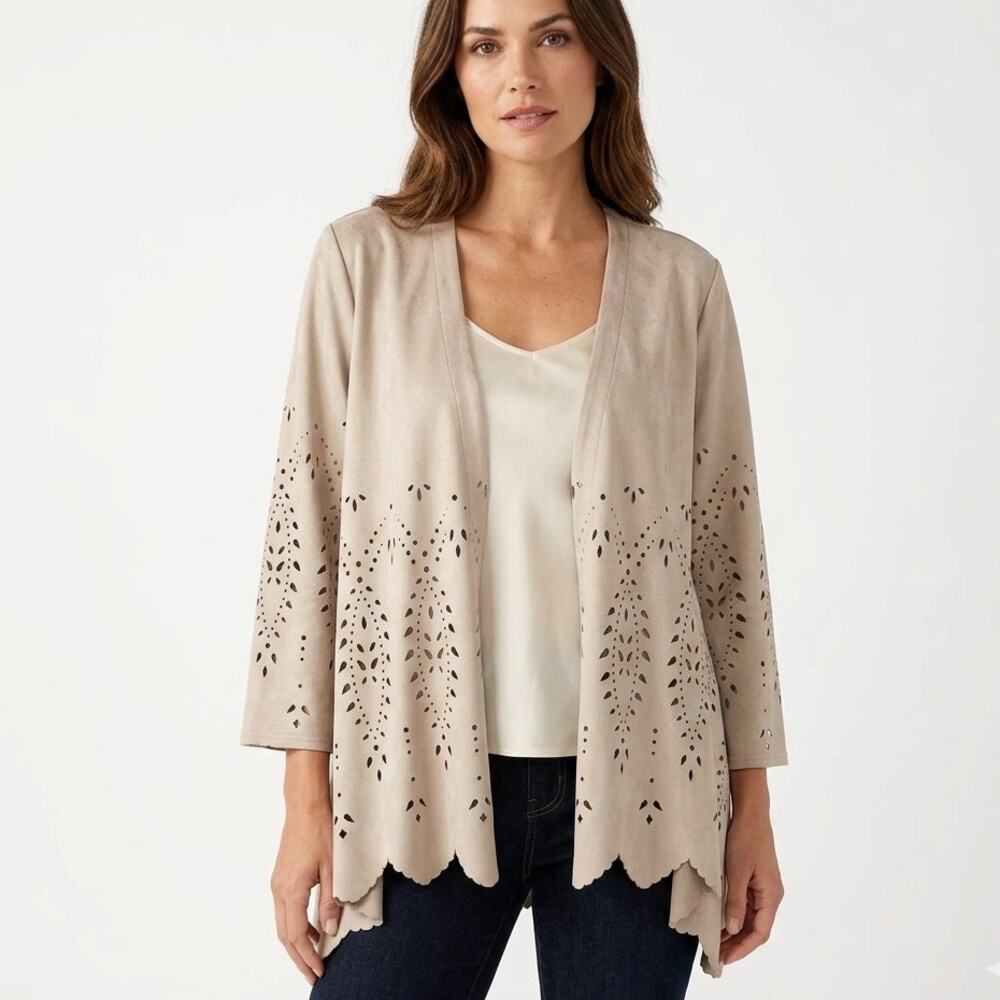 Chicos Faux Suede Cutwork Jacket Open Front Scalloped Eyelet Cardigan 3/4 Sleeve